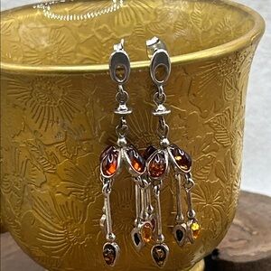 Baltic Amber Chandelier Earrings 925 Honey Cognac Handcrafted